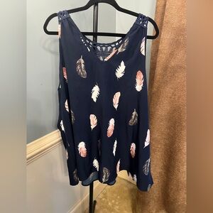 Women's Navy Feather Print Top 4XL boho feathers lace
